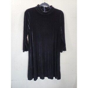 Alfani Womens Dress Medium Black Velvet Stretch Mock Neck 3/4 Sleeve Swing LBD